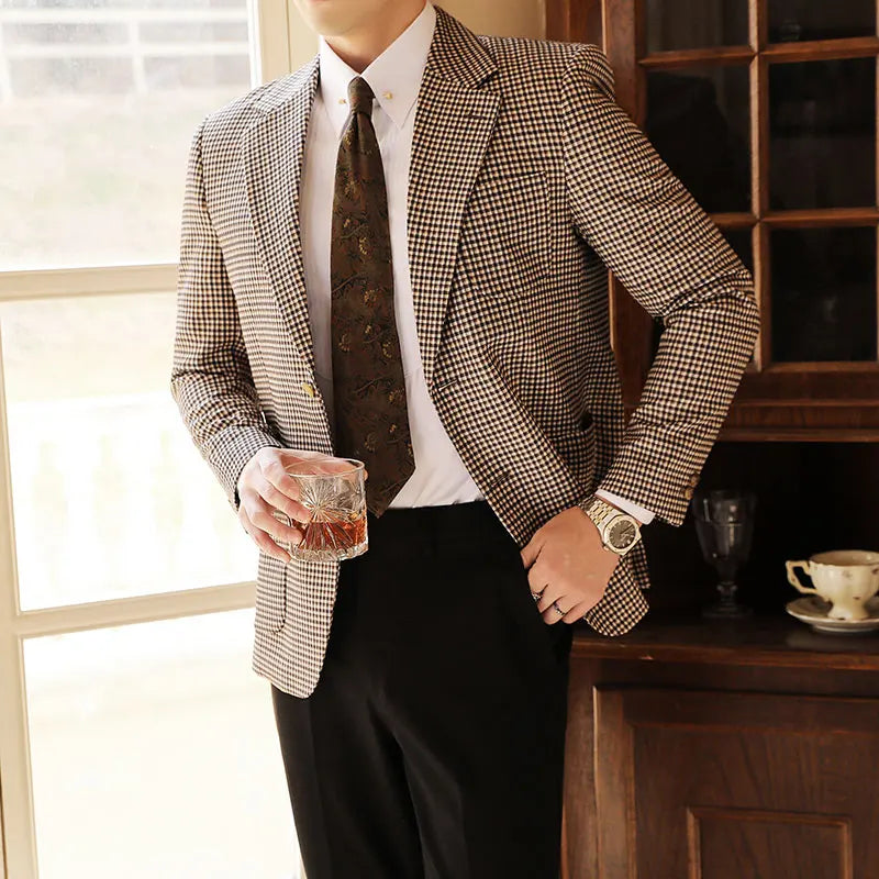 english plaid blazer, slim fit blazer, british style blazer, luxury men blazer, formal casual blazer
