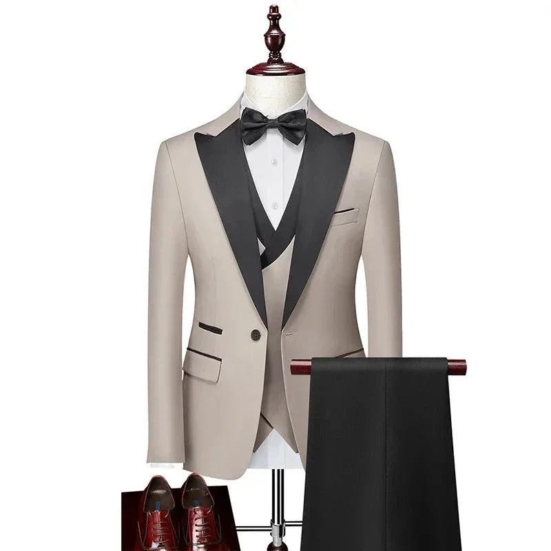 men’s tuxedo, slim fit tuxedo, men’s formal suit, black lapel tuxedo, three piece suit
