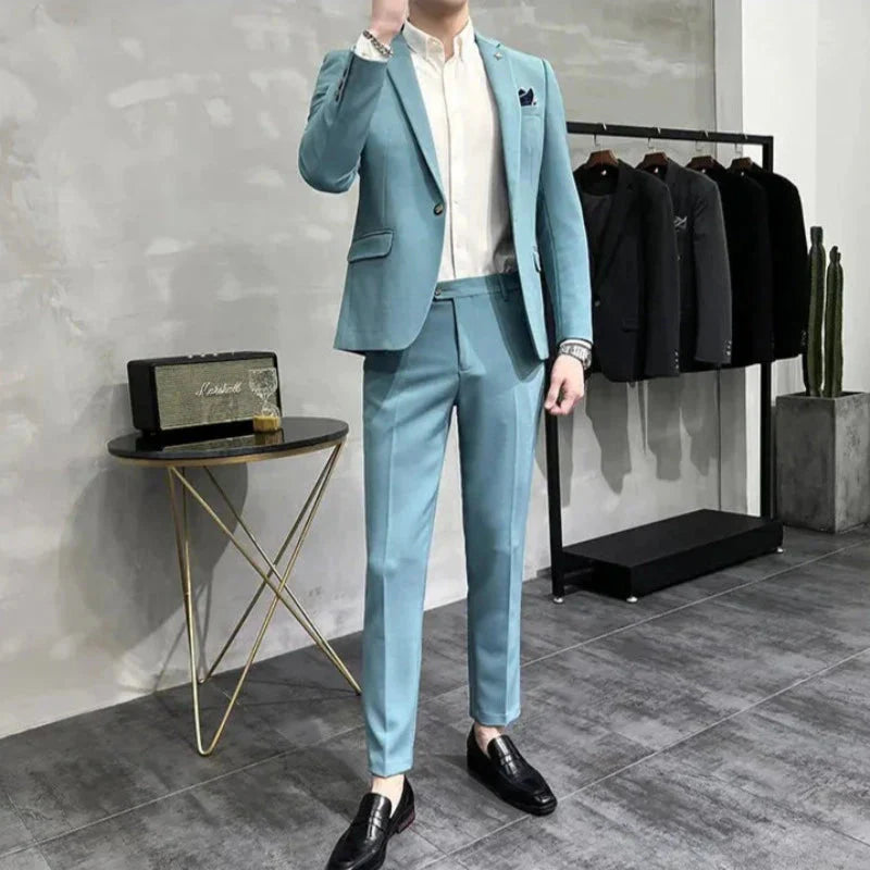 slim casual two piece suit, elegant casual men’s suit, modern men’s suit, slim fit suit for men, smart casual two piece suit