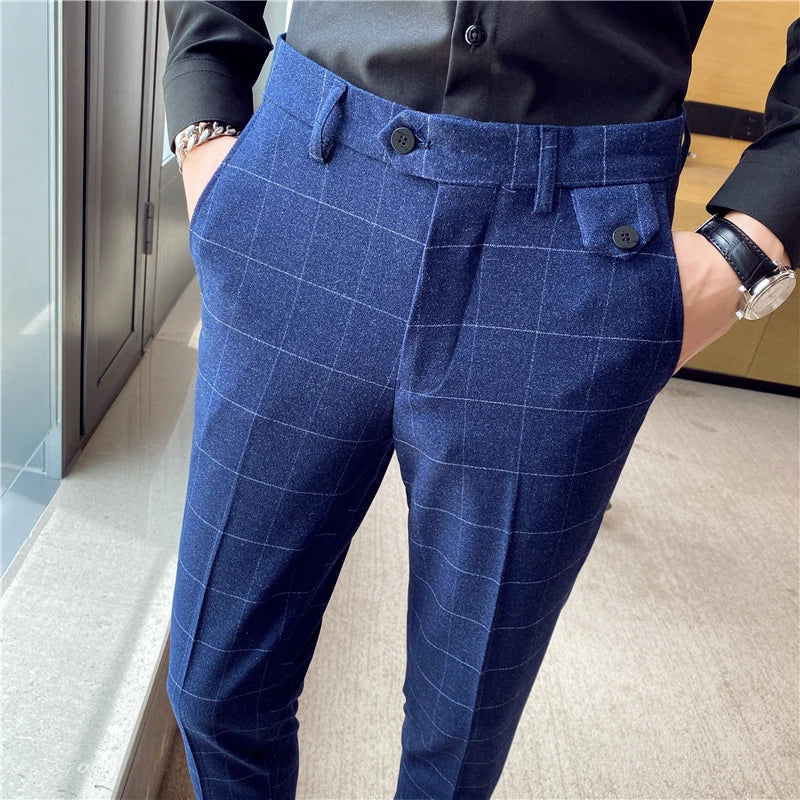 men’s check tailored trousers, modern check dress pants, slim fit men’s trousers, English style trousers, smart casual men’s pants