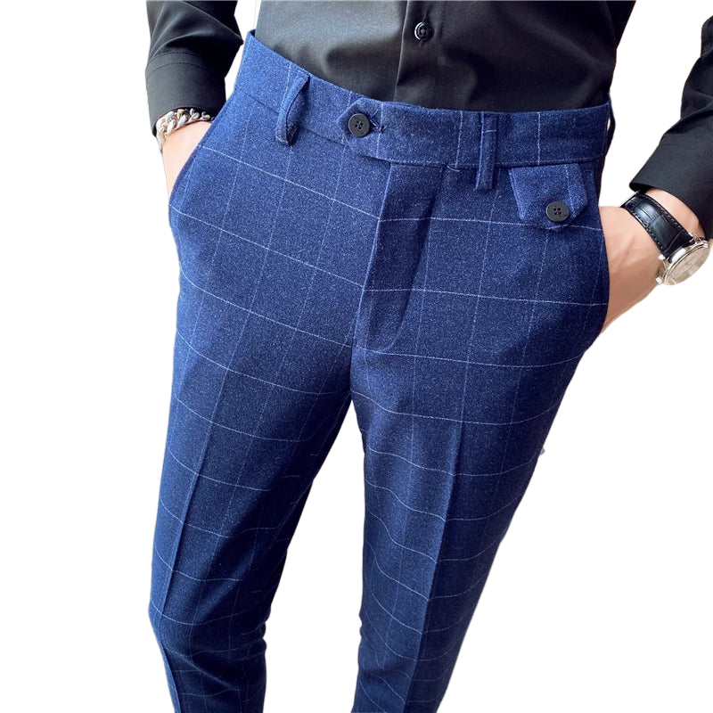 men’s check tailored trousers, modern check dress pants, slim fit men’s trousers, English style trousers, smart casual men’s pants