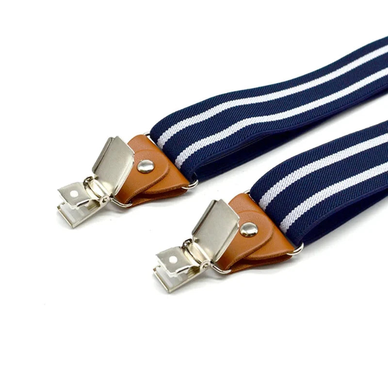 Suspenders, modern men’s suspenders, men’s suspenders, men’s striped suspenders, men’s fashion accessories, blue and white suspenders, adjustable suspenders