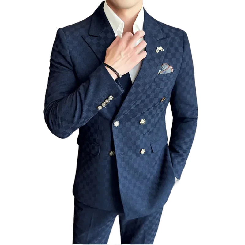 checkered two piece suit, double breasted men’s suit, slim fit men’s suit, elegant men’s suit, modern formal suit