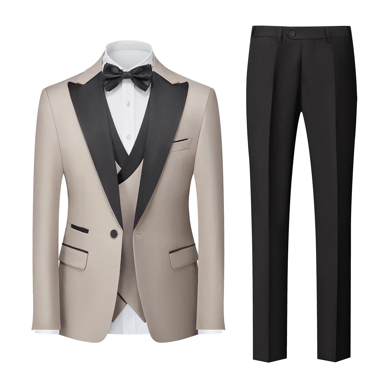 men’s tuxedo, slim fit tuxedo, men’s formal suit, black lapel tuxedo, three piece suit