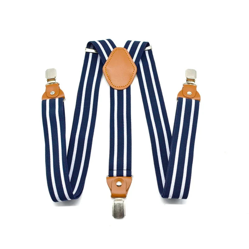 Suspenders, modern men’s suspenders, men’s suspenders, men’s striped suspenders, men’s fashion accessories, blue and white suspenders, adjustable suspenders