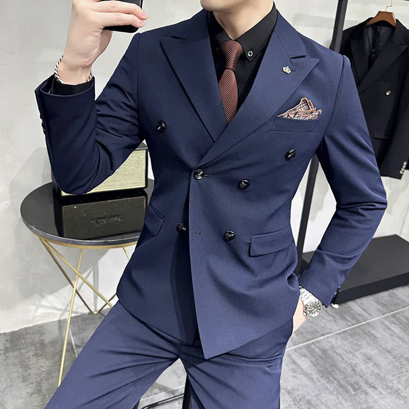 elegant double breasted suit, slim fit men’s suit, formal two piece suit, refined men’s suit, stylish men’s suit