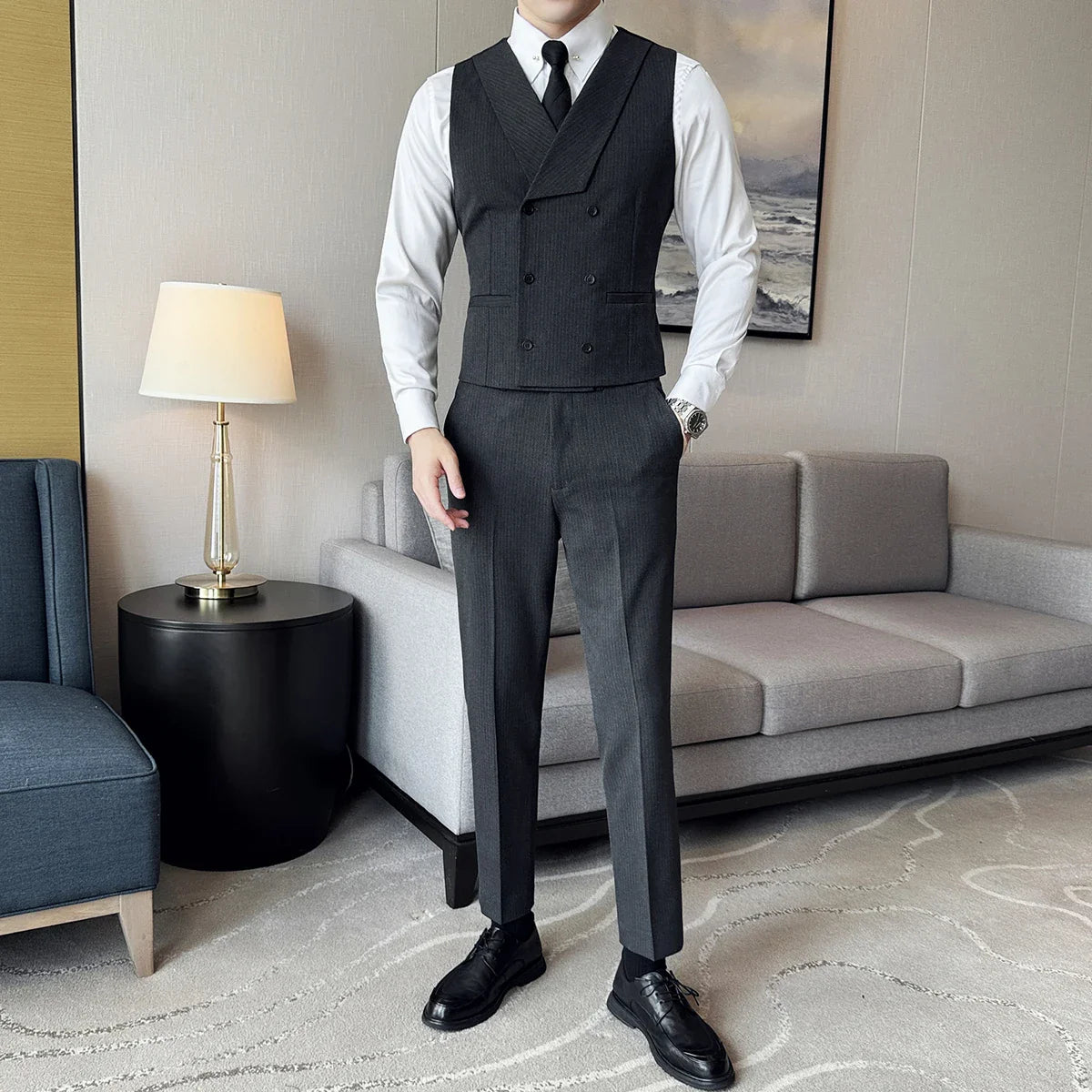 men’s double-breasted waistcoat set, men’s dress set waistcoat and trousers, royal men’s suit set, slim fit men’s formal set, men’s formal outfit set