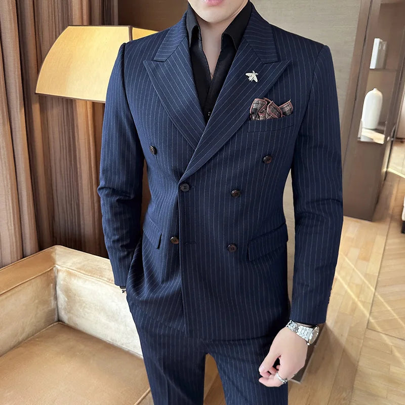 suit, striped suit, slim fit men’s suit, men’s suit, Men's Striped Suit, Men's Double-Breasted Suit, Men's Double-Breasted Striped Suit, elegant men’s suit, double-breasted suit, Double-Breasted Striped Suit