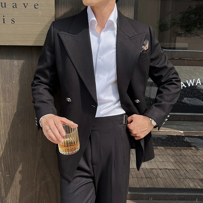 italian double breasted suit, slim fit men’s suit, elegant formal suit, premium italian suit, luxury two piece suit