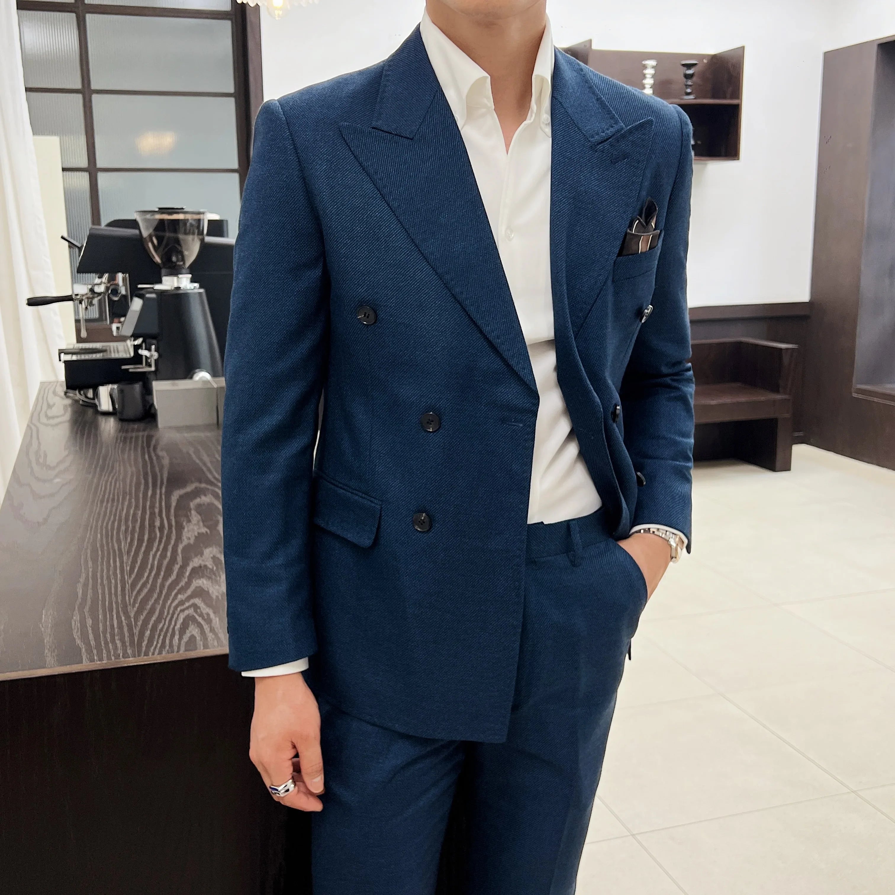 luxury slim fit suit, double breasted two piece suit, elegant men’s suit, formal slim fit suit, modern men’s suit