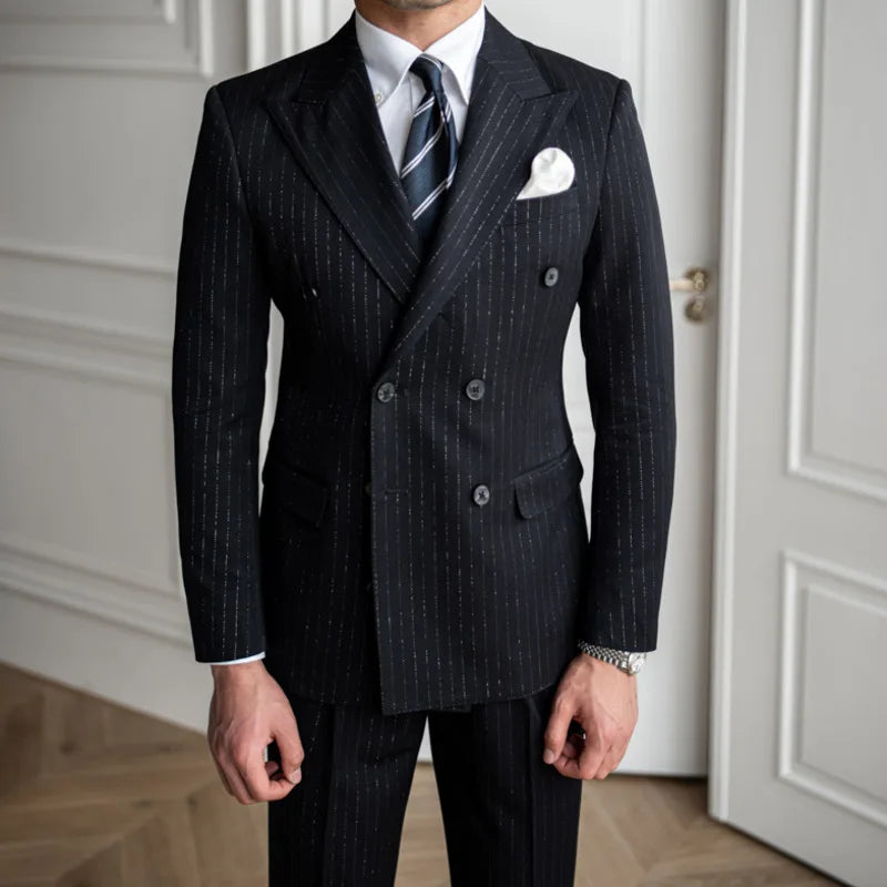 pinstripe two piece suit, double breasted men’s suit, slim fit men’s suit, elegant men’s suit, premium formal suit