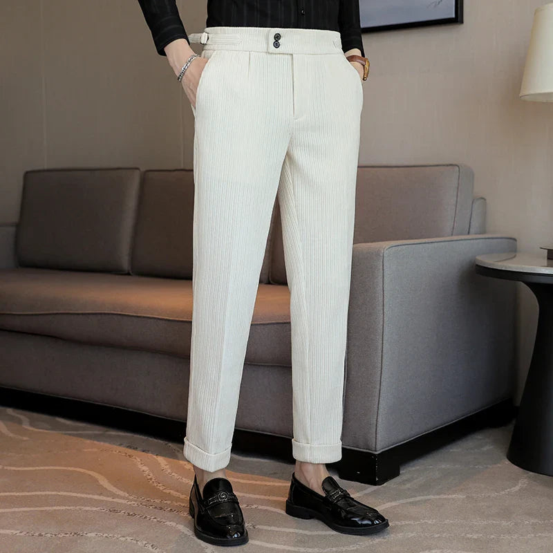 men’s ribbed tailored trousers, ribbed dress pants for men, men’s tailored pants, smart casual men’s trousers, modern tailored trousers