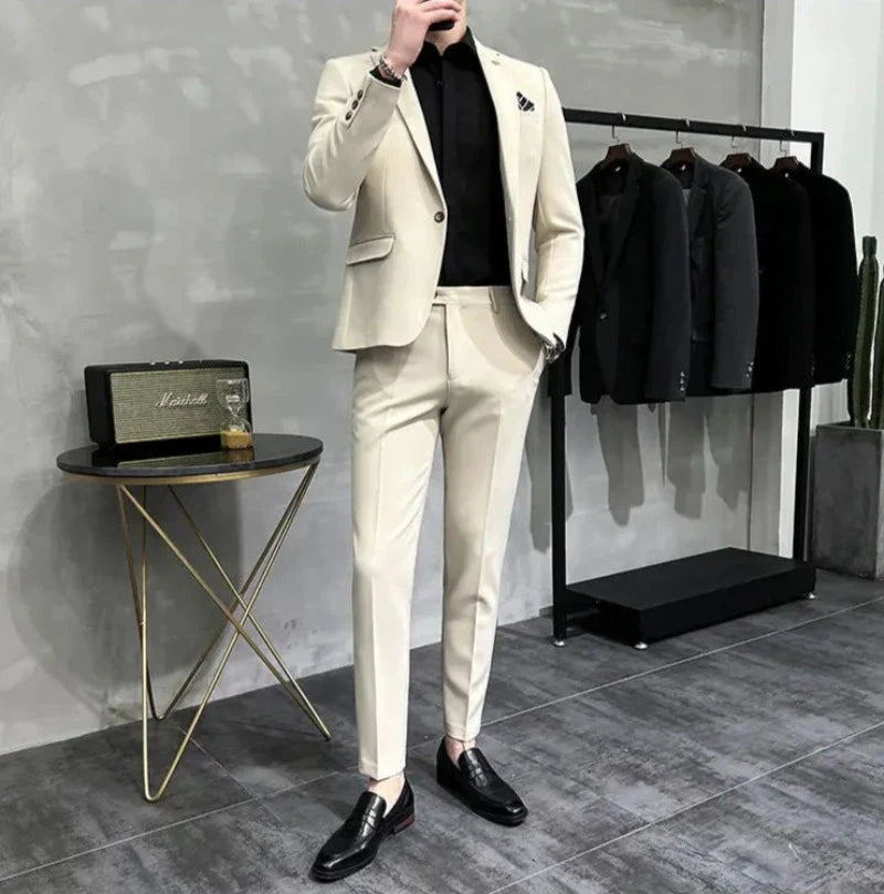 slim casual two piece suit, elegant casual men’s suit, modern men’s suit, slim fit suit for men, smart casual two piece suit