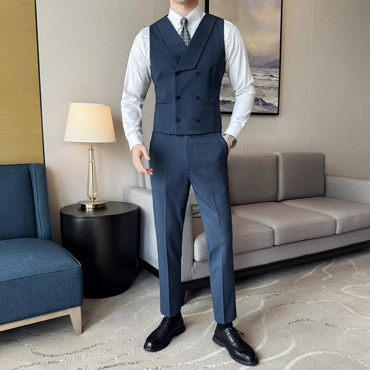 men’s double-breasted waistcoat set, men’s dress set waistcoat and trousers, royal men’s suit set, slim fit men’s formal set, men’s formal outfit set