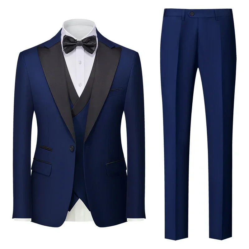 men’s tuxedo, slim fit tuxedo, men’s formal suit, black lapel tuxedo, three piece suit