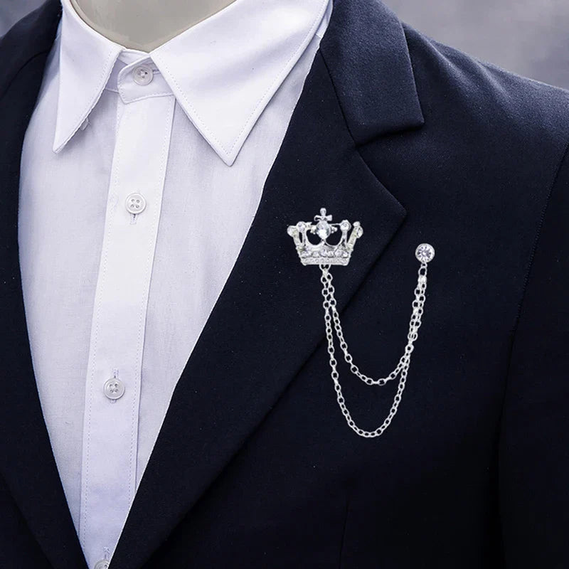 suit chain brooch, suit brooch, men’s suit brooch, men suit brooch, men formal accessories, luxury lapel pin, crown lapel pin, brooch