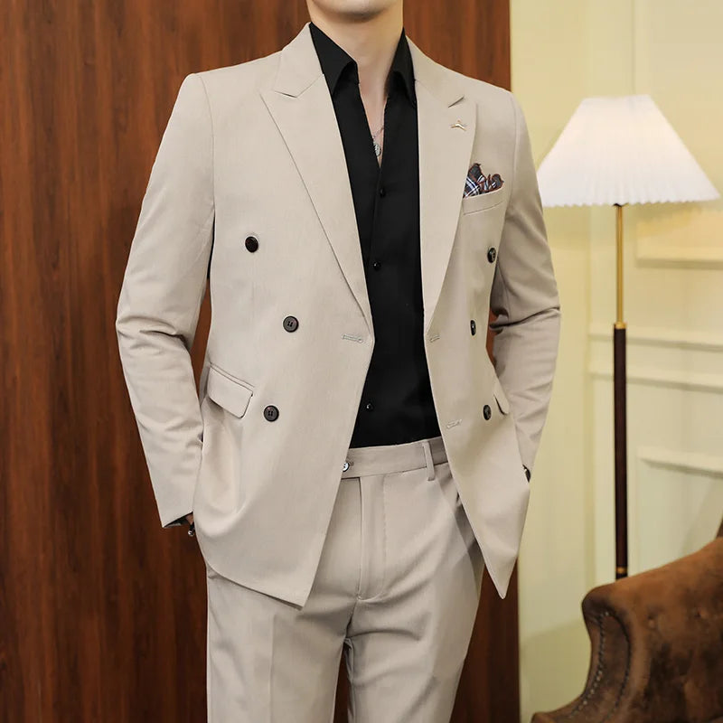 double-breasted men’s suit, solid grey suit, slim fit formal suit, elegant men’s outfit, Maximus menswear