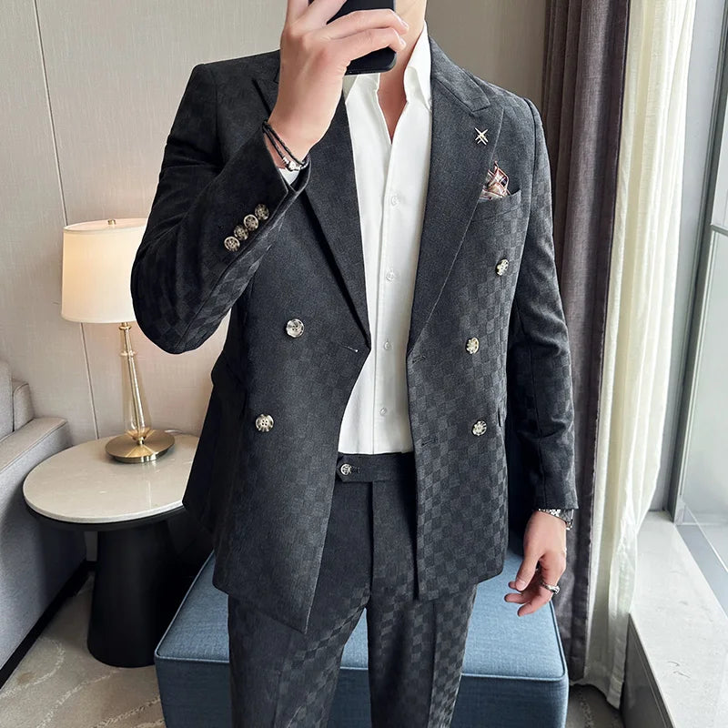 checkered two piece suit, double breasted men’s suit, slim fit men’s suit, elegant men’s suit, modern formal suit