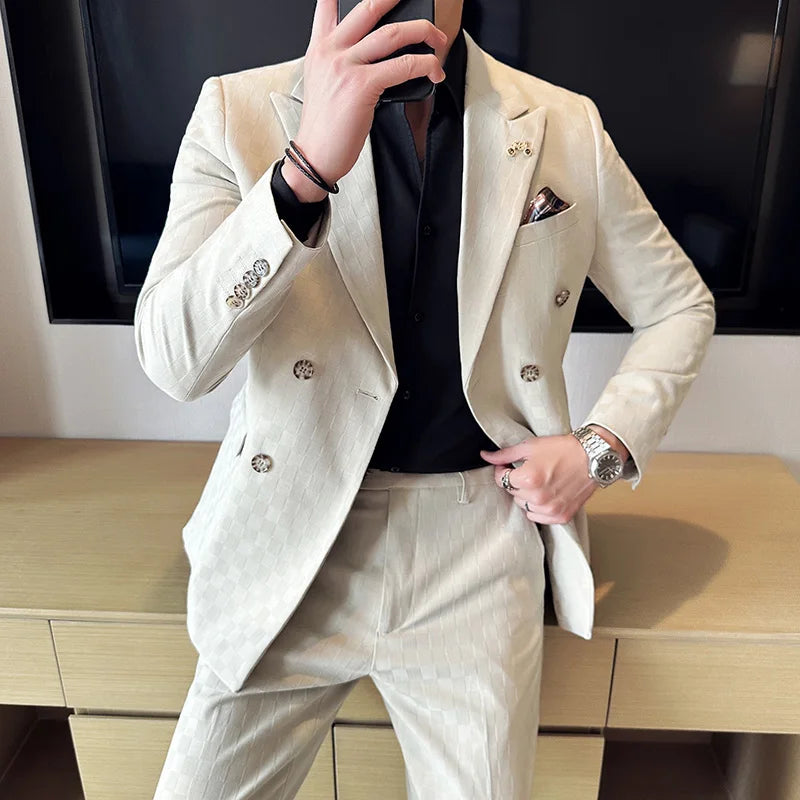 checkered two piece suit, double breasted men’s suit, slim fit men’s suit, elegant men’s suit, modern formal suit