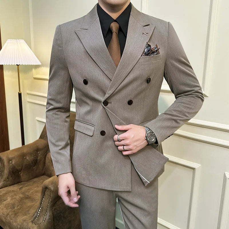 double-breasted men’s suit, solid grey suit, slim fit formal suit, elegant men’s outfit, Maximus menswear