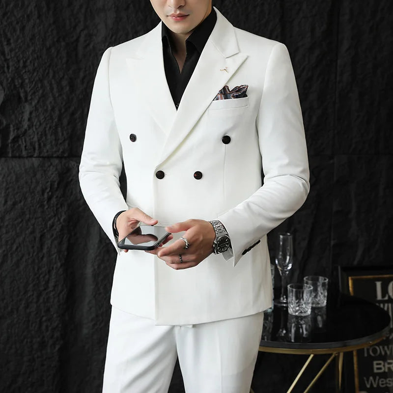double-breasted men’s suit, solid grey suit, slim fit formal suit, elegant men’s outfit, Maximus menswear