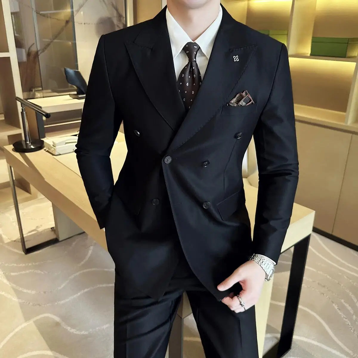 double-breasted suit, slim fit men’s suit, smart casual suit, formal men’s outfit, Maximus suit
