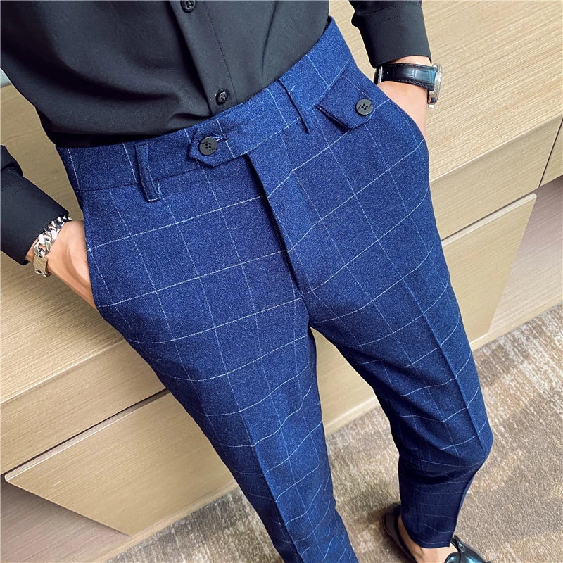men’s check tailored trousers, modern check dress pants, slim fit men’s trousers, English style trousers, smart casual men’s pants