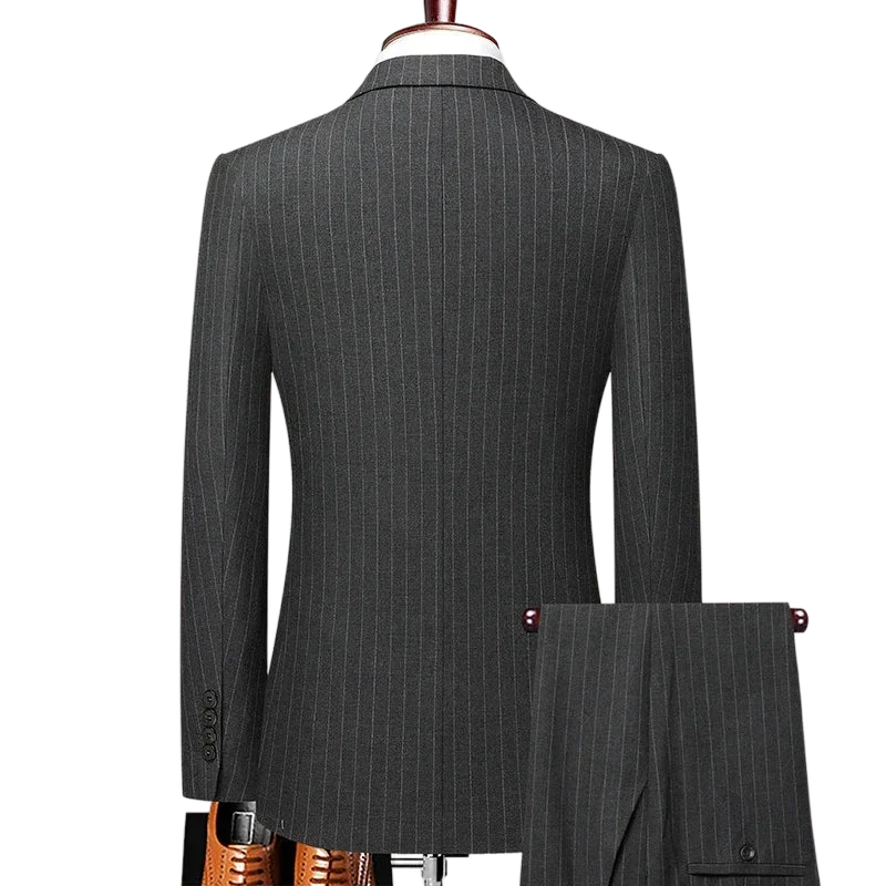 dark gray pinstripe suit, double breasted two piece suit, slim fit men’s suit, elegant formal suit, modern men’s suit