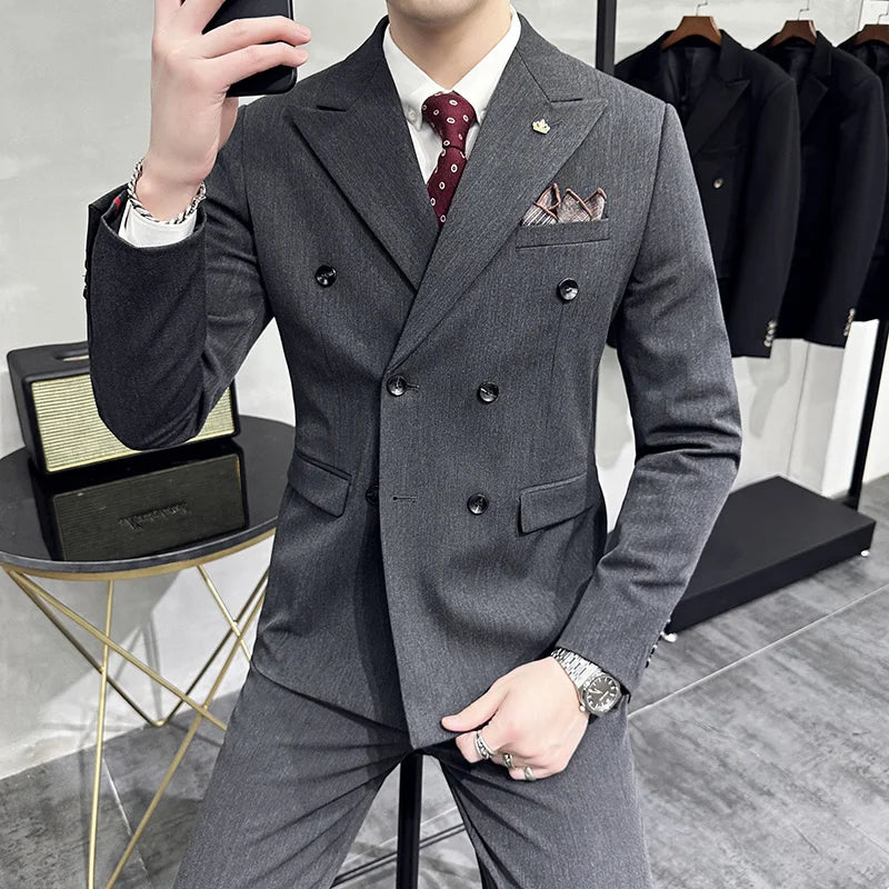 elegant double breasted suit, slim fit men’s suit, formal two piece suit, refined men’s suit, stylish men’s suit