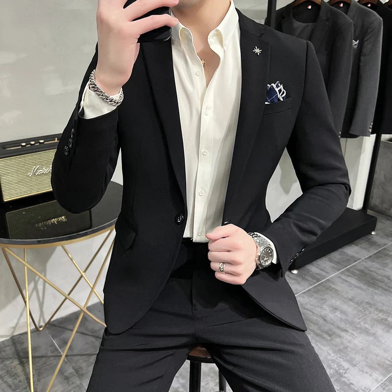 slim casual two piece suit, elegant casual men’s suit, modern men’s suit, slim fit suit for men, smart casual two piece suit