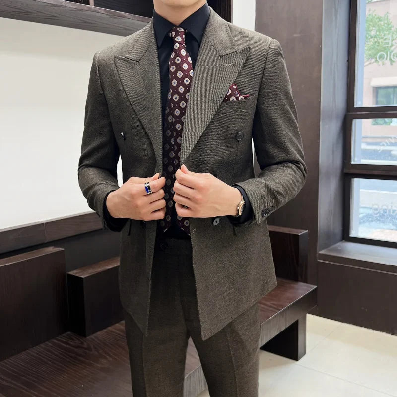 luxury slim fit suit, double breasted two piece suit, elegant men’s suit, formal slim fit suit, modern men’s suit