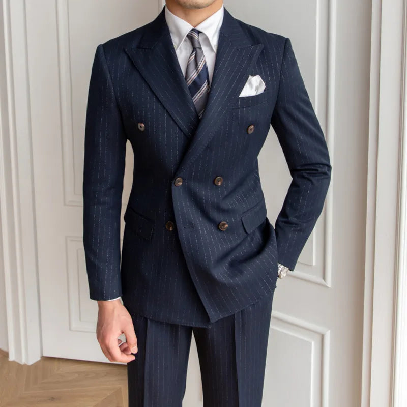 pinstripe two piece suit, double breasted men’s suit, slim fit men’s suit, elegant men’s suit, premium formal suit