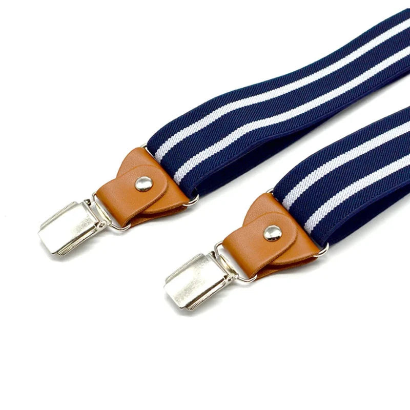 Suspenders, modern men’s suspenders, men’s suspenders, men’s striped suspenders, men’s fashion accessories, blue and white suspenders, adjustable suspenders