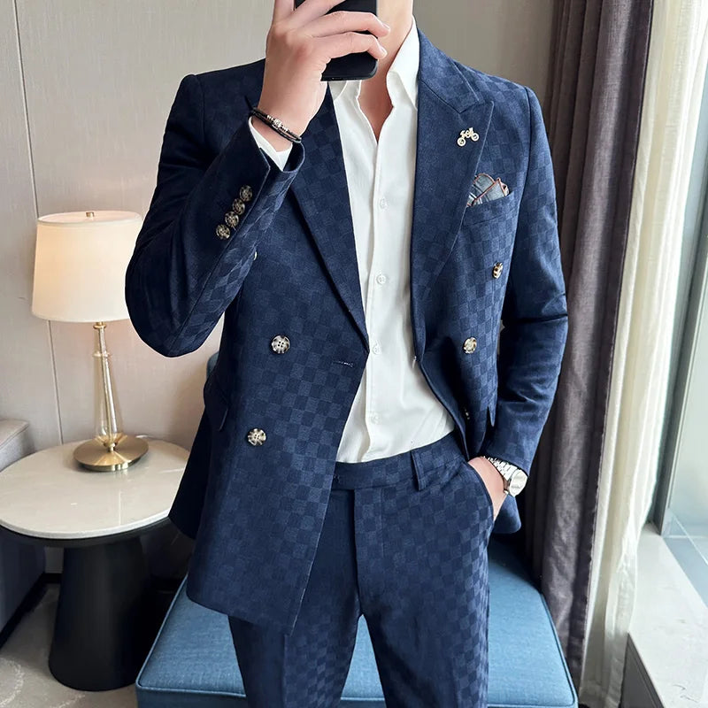 checkered two piece suit, double breasted men’s suit, slim fit men’s suit, elegant men’s suit, modern formal suit