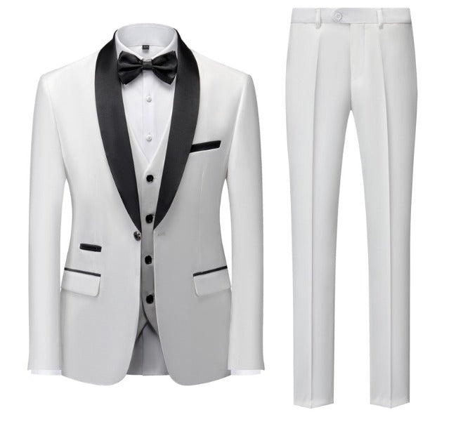 men’s tuxedo, slim fit tuxedo, men’s formal suit, black lapel tuxedo, three piece suit