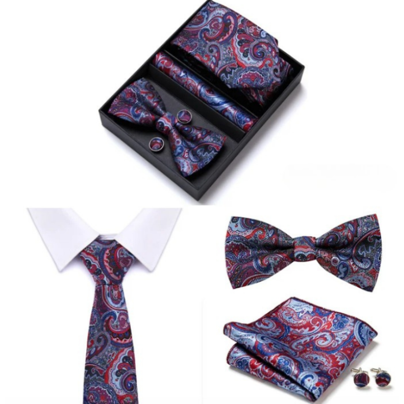 Tie Set, tie and bow tie set, silk tie set for men, Premium Tie Set, Premium Patterned Tie Set, patterned tie set, Patterned Tie, men’s premium accessory set, men’s patterned tie set, maximus men accessories, formal men gift box