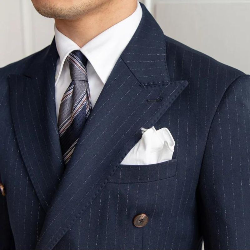 pinstripe two piece suit, double breasted men’s suit, slim fit men’s suit, elegant men’s suit, premium formal suit