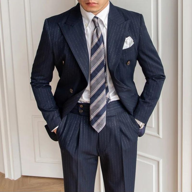 pinstripe two piece suit, double breasted men’s suit, slim fit men’s suit, elegant men’s suit, premium formal suit
