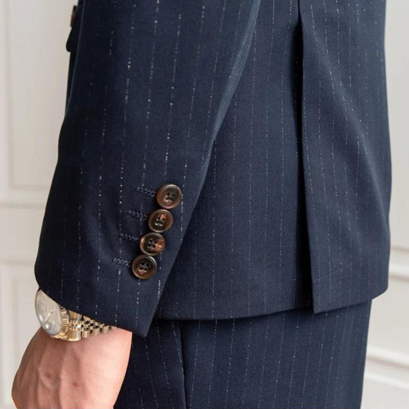 pinstripe two piece suit, double breasted men’s suit, slim fit men’s suit, elegant men’s suit, premium formal suit