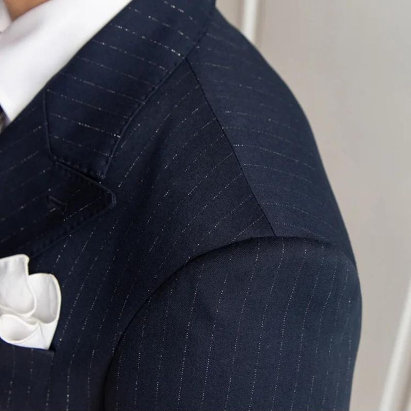 pinstripe two piece suit, double breasted men’s suit, slim fit men’s suit, elegant men’s suit, premium formal suit