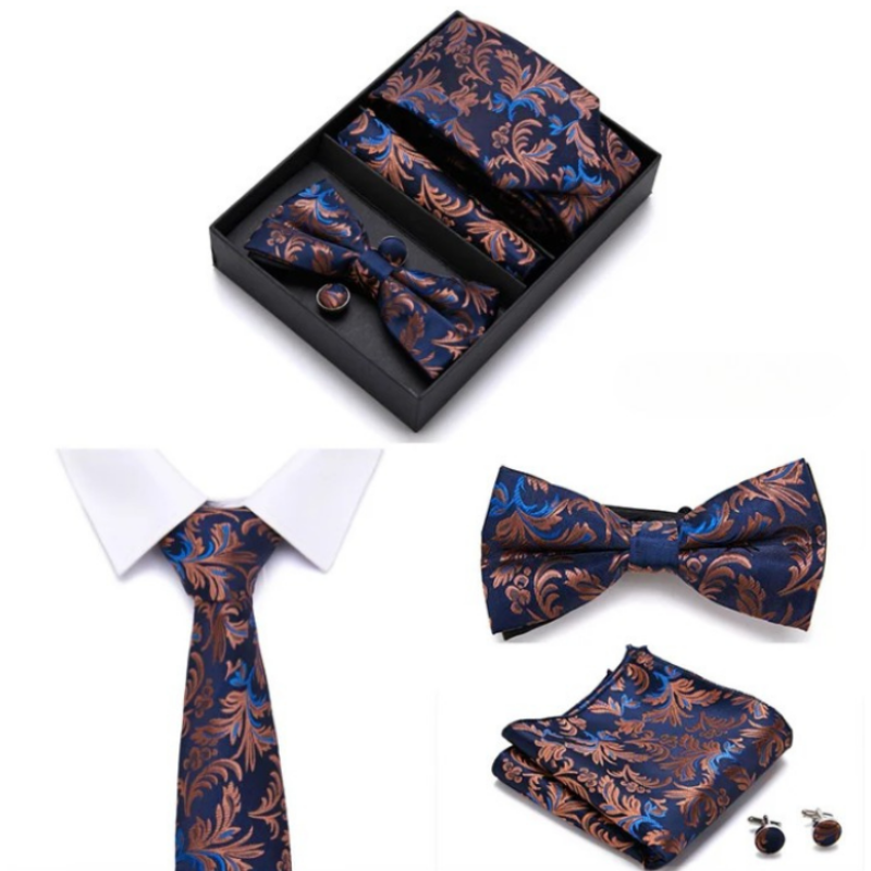 Tie Set, tie and bow tie set, silk tie set for men, Premium Tie Set, Premium Patterned Tie Set, patterned tie set, Patterned Tie, men’s premium accessory set, men’s patterned tie set, maximus men accessories, formal men gift box