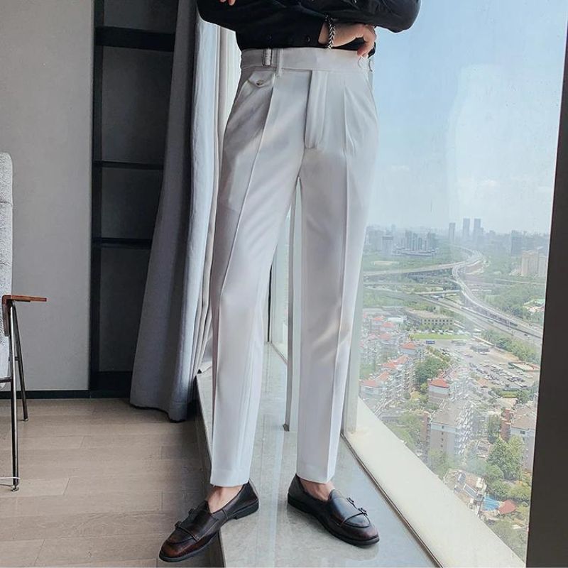 men’s premium tailored trousers, slim fit dress trousers, formal men’s pants, men’s suit trousers, adjustable waist trousers