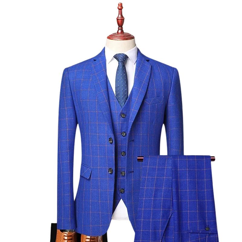 three-piece suit, suit, plaid men’s suit, men’s suit, men’s slim fit suit, formal men’s suit, burgundy men’s suit