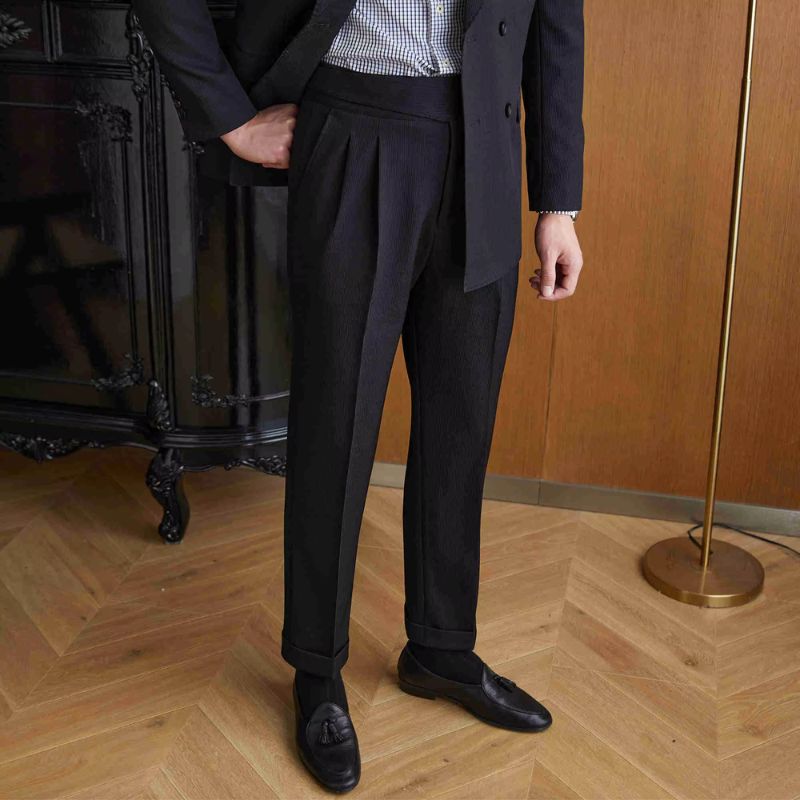 formal double breasted suit, slim fit men’s suit, elegant men’s suit, ribbed texture suit, classic formal suit