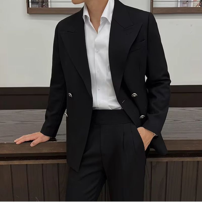 italian double breasted suit, slim fit men’s suit, elegant formal suit, premium italian suit, luxury two piece suit