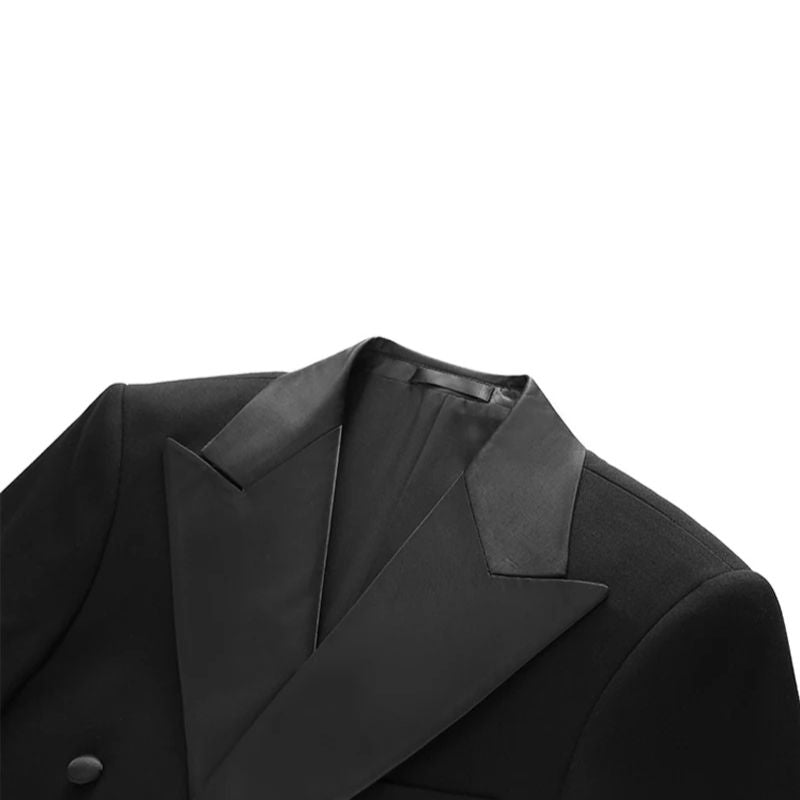 double breasted tuxedo, peak lapel tuxedo, formal men’s suit, elegant tuxedo, slim fit tuxedo