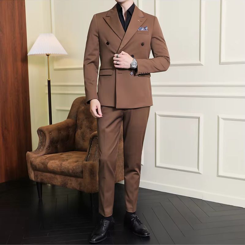 double-breasted men’s suit, solid grey suit, slim fit formal suit, elegant men’s outfit, Maximus menswear