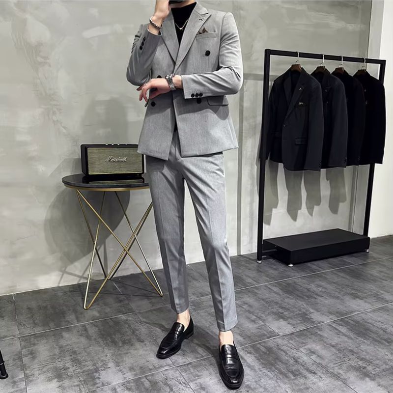 double-breasted men’s suit, solid grey suit, slim fit formal suit, elegant men’s outfit, Maximus menswear