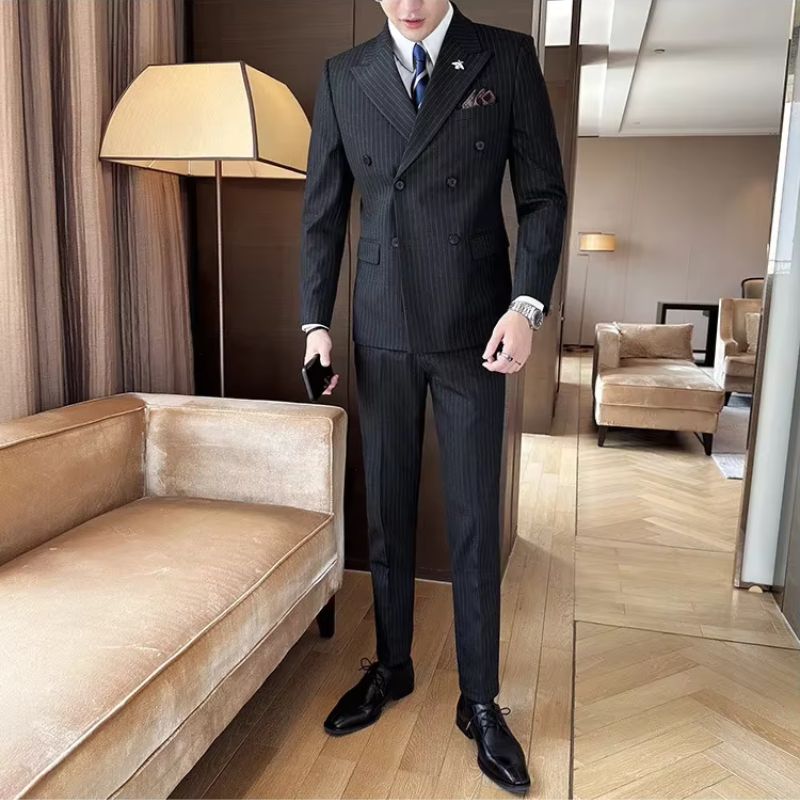 suit, striped suit, slim fit men’s suit, men’s suit, Men's Striped Suit, Men's Double-Breasted Suit, Men's Double-Breasted Striped Suit, elegant men’s suit, double-breasted suit, Double-Breasted Striped Suit