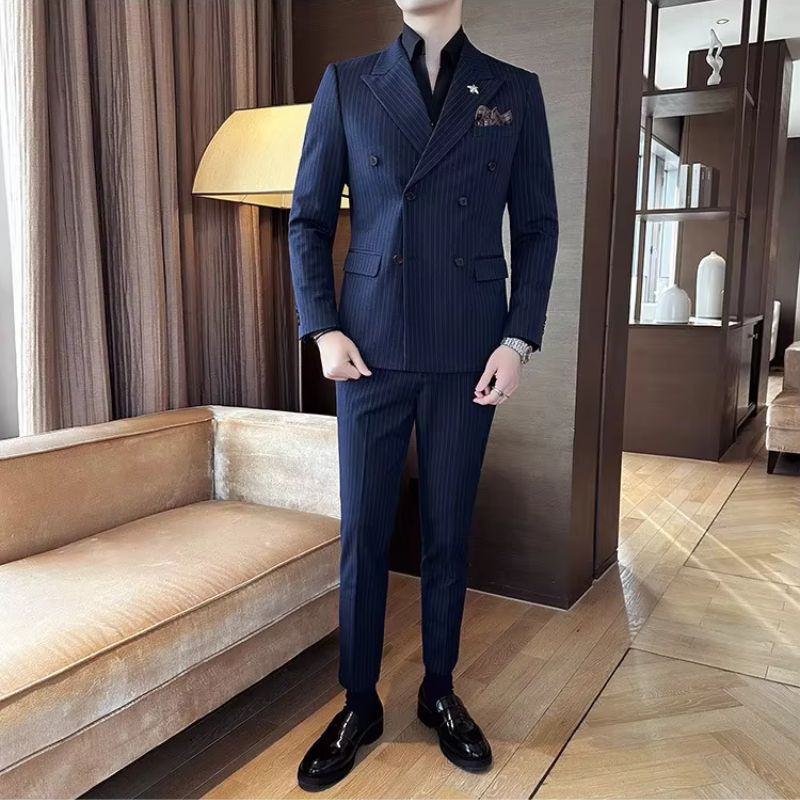 suit, striped suit, slim fit men’s suit, men’s suit, Men's Striped Suit, Men's Double-Breasted Suit, Men's Double-Breasted Striped Suit, elegant men’s suit, double-breasted suit, Double-Breasted Striped Suit